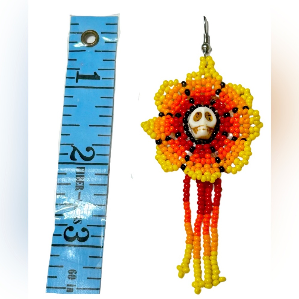 Handcrafted Skull SunFlower Glass Seed Beaded Earrings – GrandmaMia NWT - Picture 2 of 7